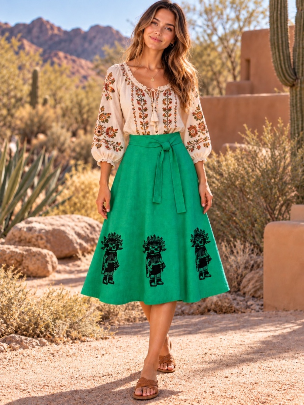 Vintage Handmade Green Block Print Wrap Skirt Folk Art Boho